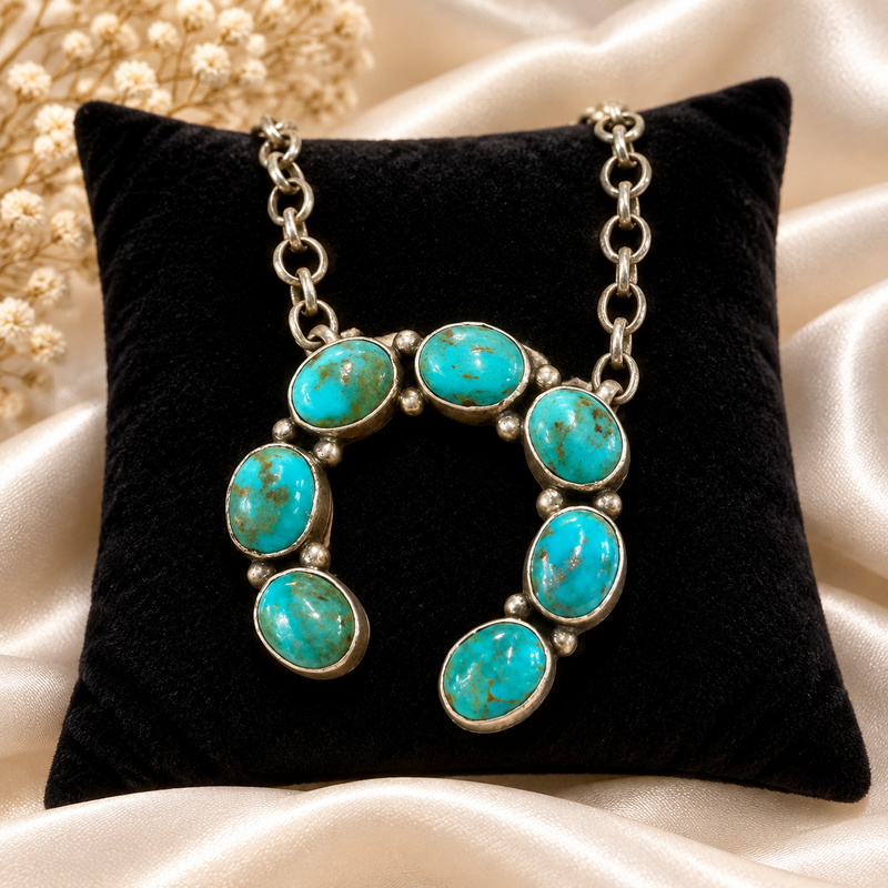 Sterling Silver P. Yazzie American Indian Turquoise Necklace - Horse Shoe 22" long