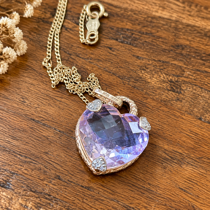 14K Gold Amethyst Heart Pendant Necklace – 18 Inch Chain