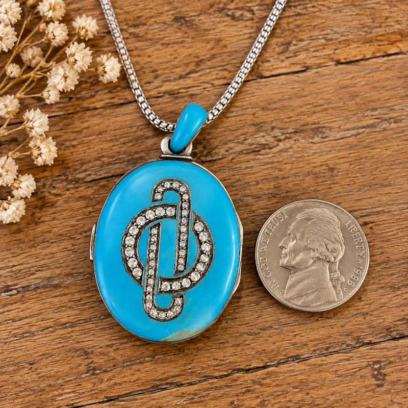 Victorian Blue Locket with Seed Pearl Design – Sterling Silver Pendant