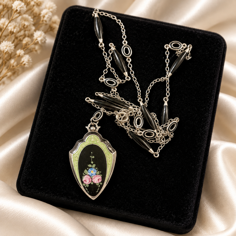 Art Deco Sterling Silver Lariat Necklace with Floral Enamel Locket