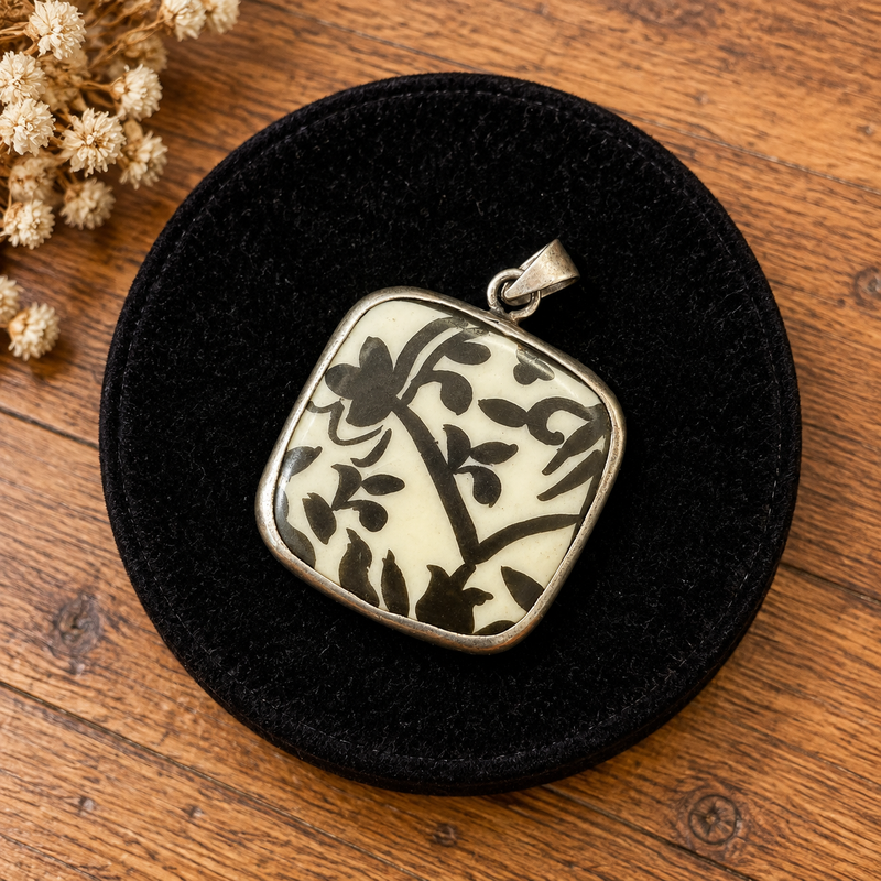 Sterling silver hand painted cream pendant on a 18” sterling silver chain