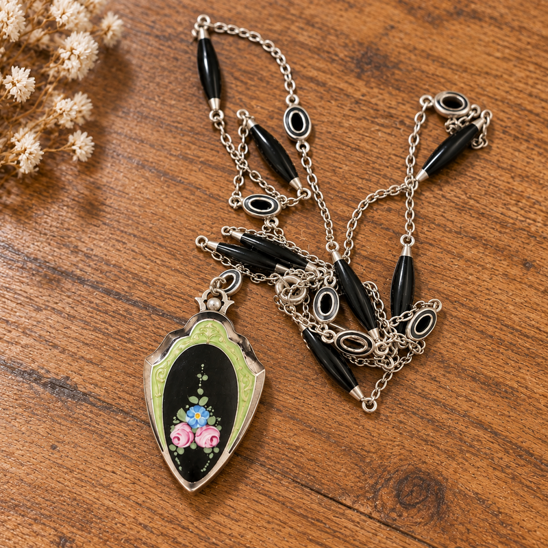 Art Deco Sterling Silver Lariat Necklace with Floral Enamel Locket
