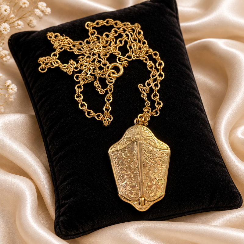 1940s Gold-Filled Bi-Fold Locket Necklace with 24-Inch Chain