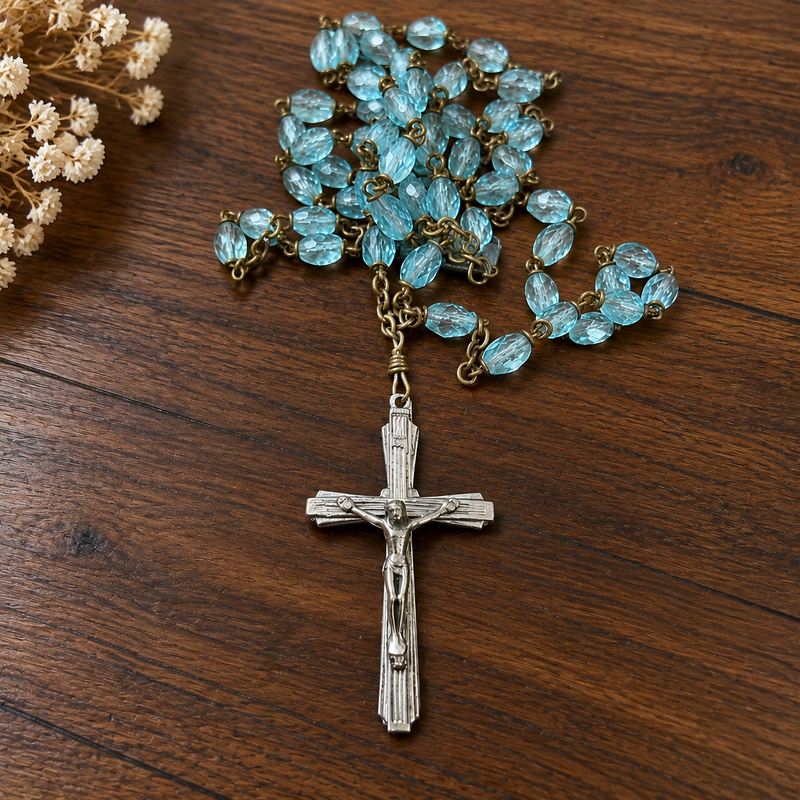 Vintage Blue Crystal Rosary with Silver Crucifix – 21 Inch