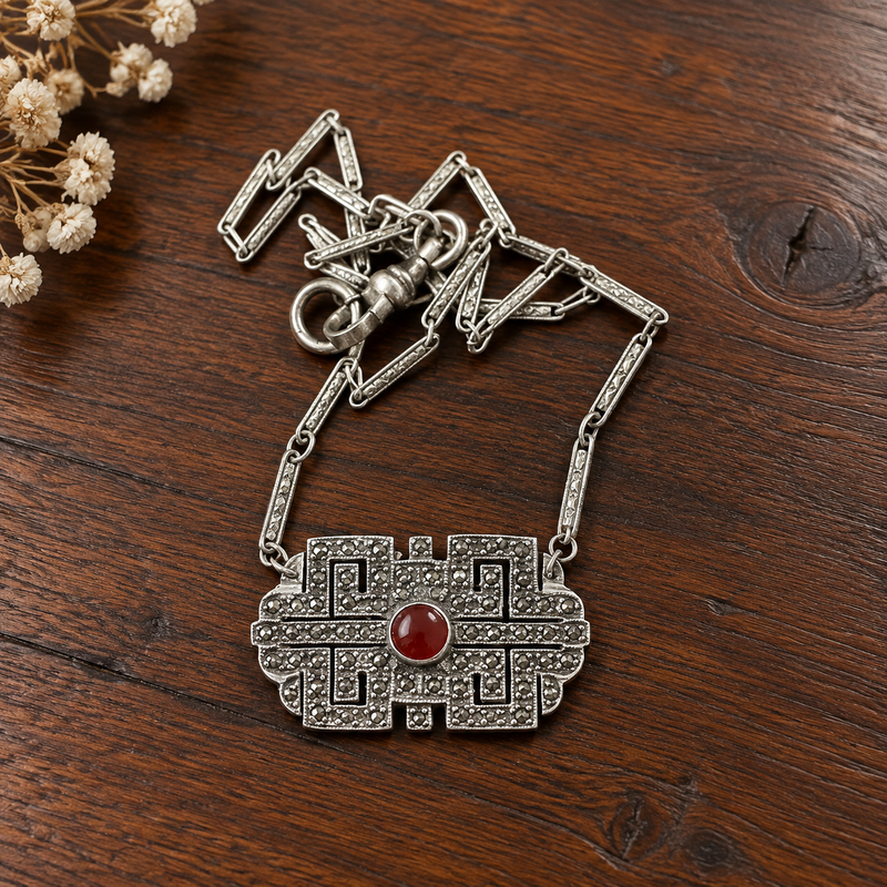 Art Deco Sterling Silver Watch Chain with Carnelian Pendant