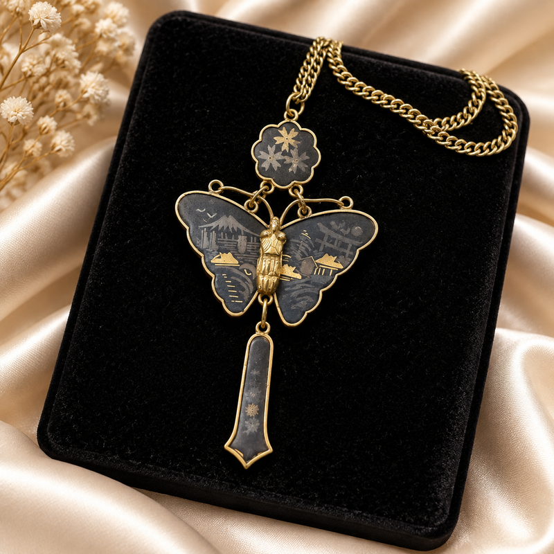 Japanese Damascene Brass Butterfly Necklace