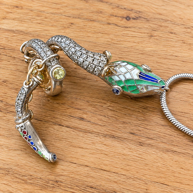 Sterling silver & Enamel snake necklace 21” long