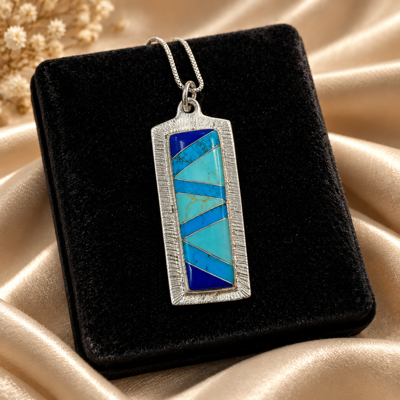 Sterling Silver Turquoise Lapis Inlay Pendant with 18" Chain – Geometric Southwestern Jewelry pendant 2” x 3/4”