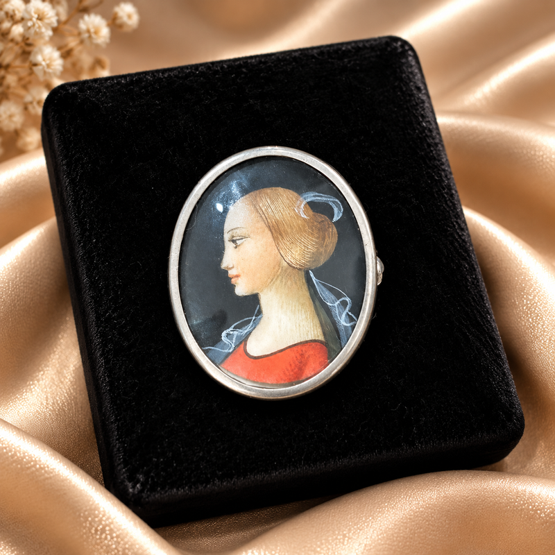 Victorian 800 silver hand painted portrait on an 18” sterling chain. Pendant/pin 1” x 7/8”