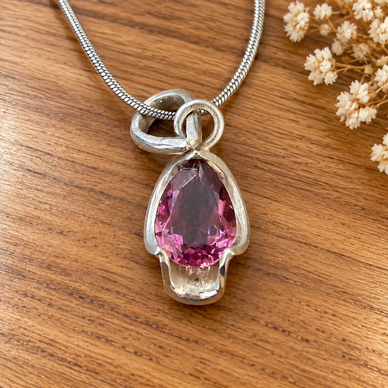 Sterling Silver Rhodolite Garnet Pendant Necklace, Pear Cut Gemstone, 18" Chain