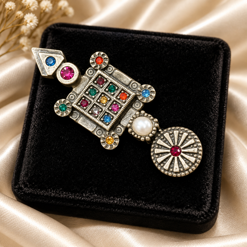 Patricia Locke Pin Brooch with Multicolor Faux Stones & Pearl Accent
