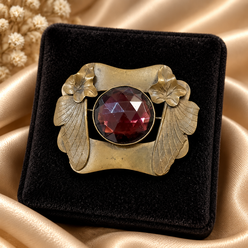 Art Nouveau Pin Brooch with Large Purple Faceted Stone
