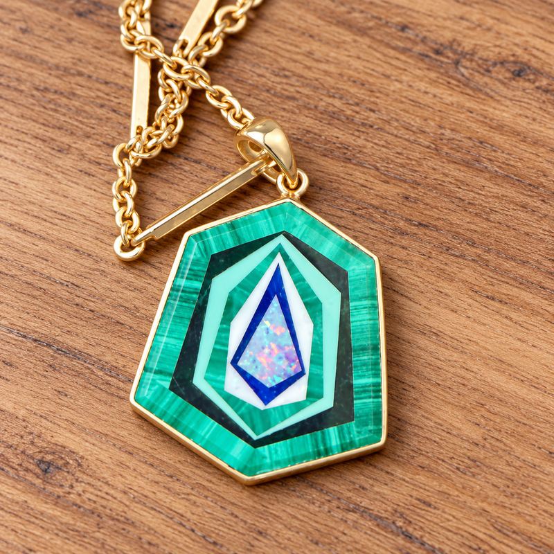 14K Gold Malachite & Opal Pendant Necklace with 9K Gold Chain