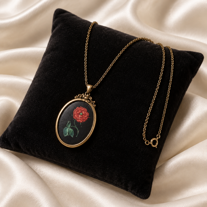 Joanie, Victorian 9K painted flower necklace 24” long / pendant - 2-1/2” x 2”