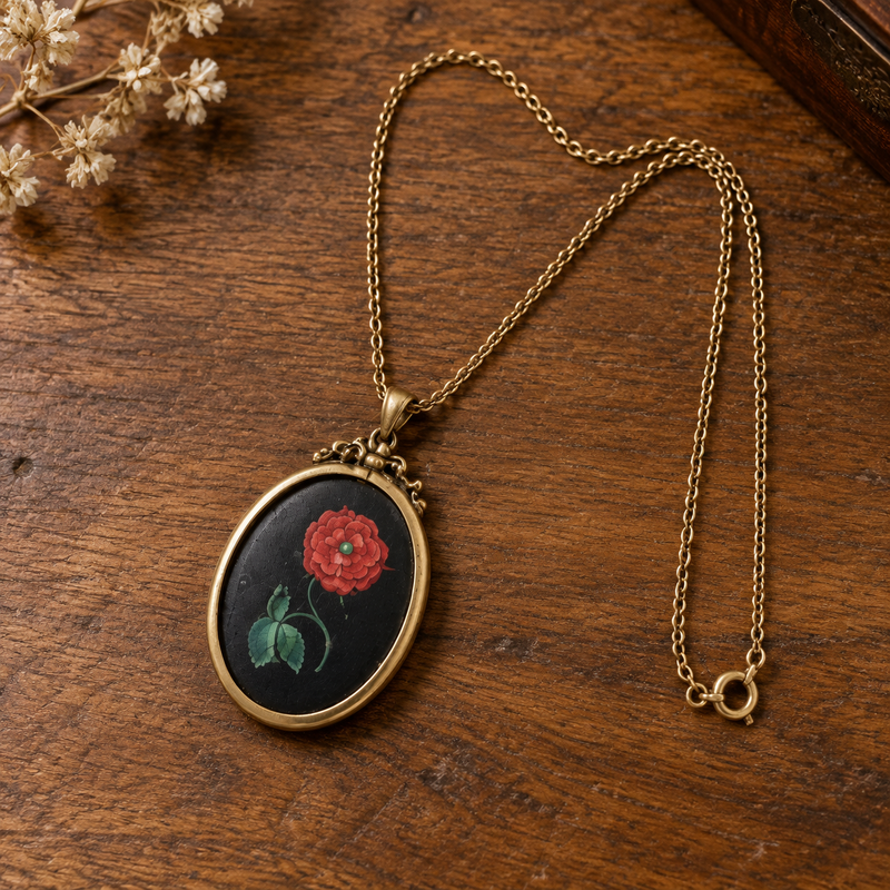 Joanie, Victorian 9K painted flower necklace 24” long / pendant - 2-1/2” x 2”
