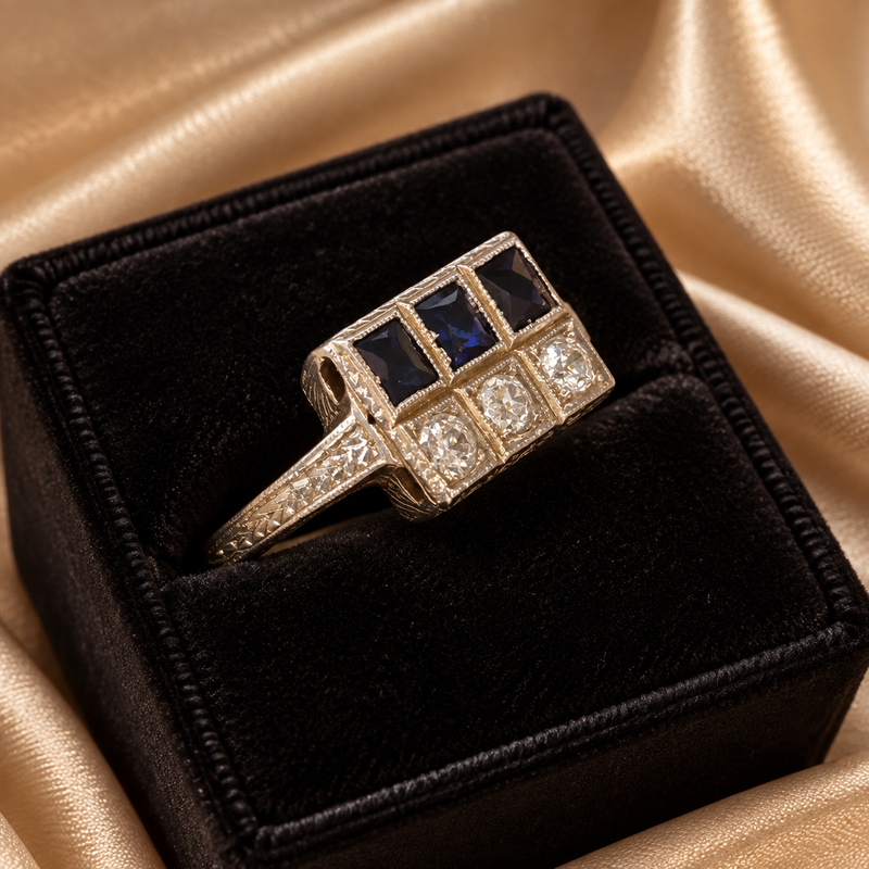 Art Deco 18K Gold Diamond Sapphire Ring