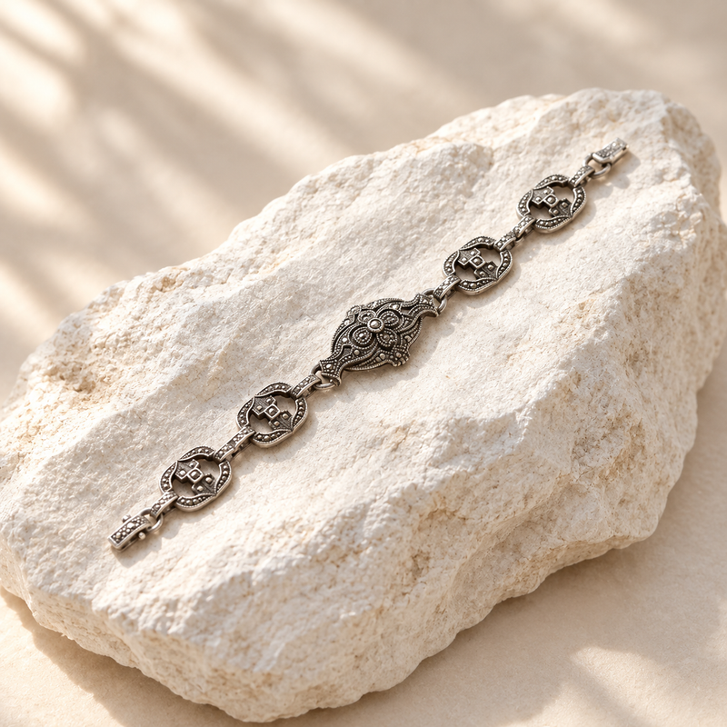 Sterling Silver Marcasite Link Bracelet 1930s