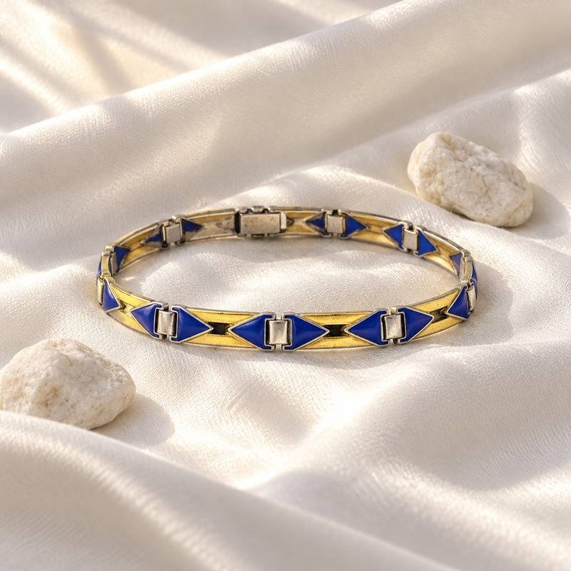 1930s Sterling Silver Blue + Yellow Enamel Bracelet 6 1/2" in diameter