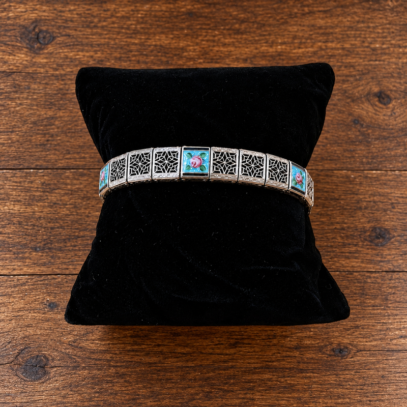 1920s Rhodium Filigree Enamel Bracelet 7" in diameter