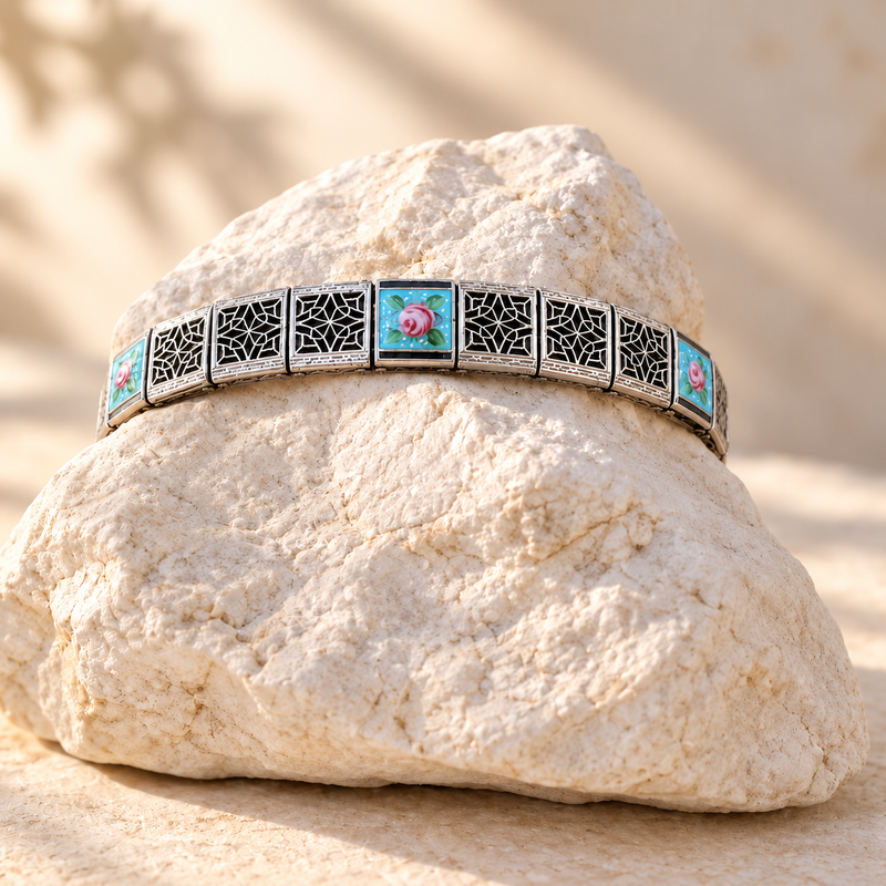 1920s Rhodium Filigree Enamel Bracelet 7" in diameter