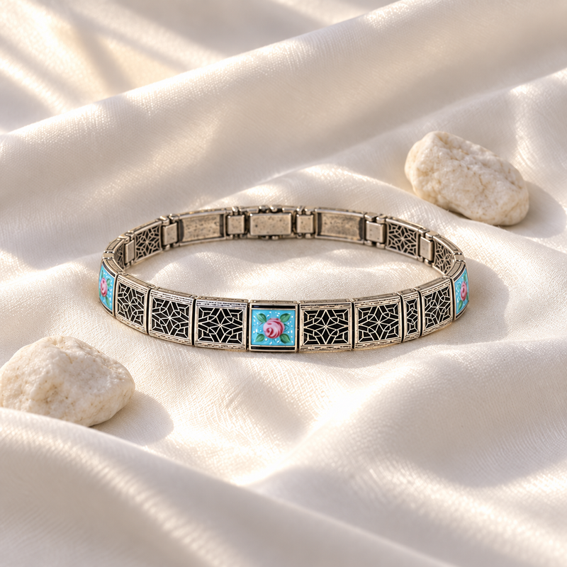 1920s Rhodium Filigree Enamel Bracelet 7" in diameter