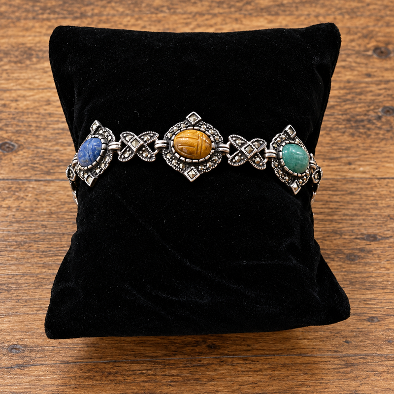 Sterling Silver Gemstones Scarab & Marcasite Bracelet 8" in diameter