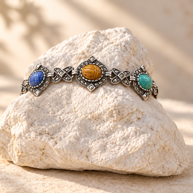 Sterling Silver Gemstones Scarab & Marcasite Bracelet 8" in diameter