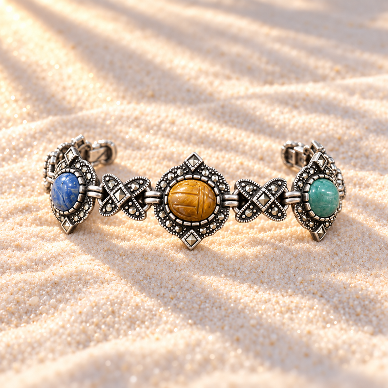 Sterling Silver Gemstones Scarab & Marcasite Bracelet 8" in diameter