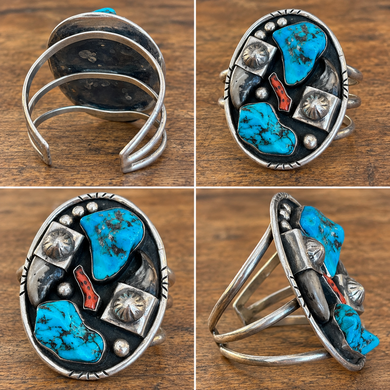 Sterling Silver American Indian Turquoise + Coral Cuff