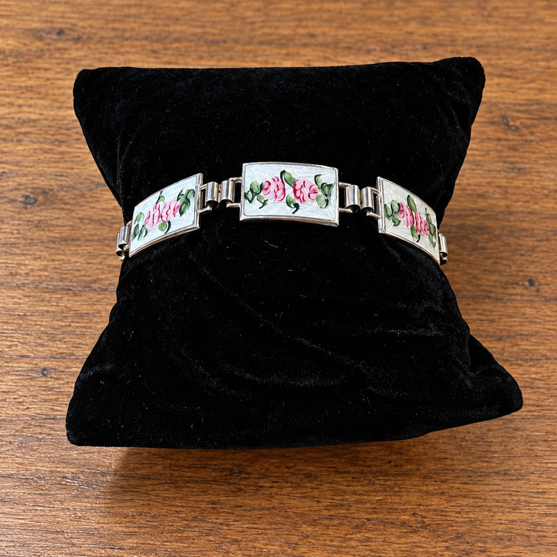 Art Deco Sterling Silver Enamel Floral Link Bracelet 6.5"