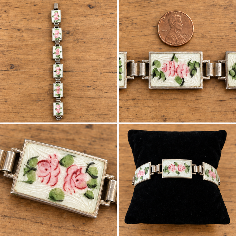 Art Deco Sterling Silver Enamel Floral Link Bracelet 6.5"