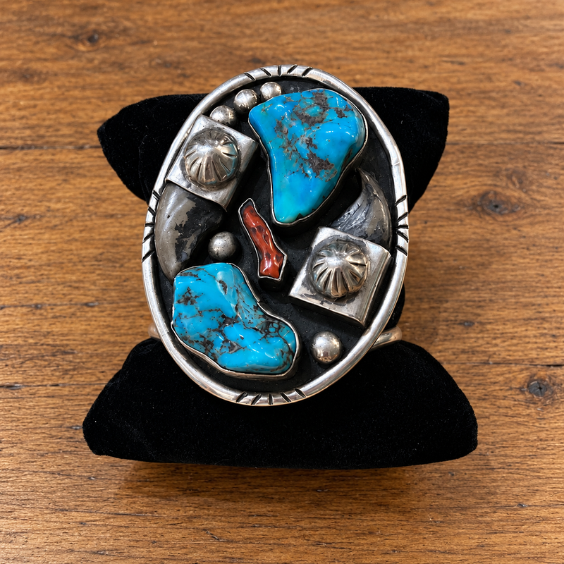 Sterling Silver American Indian Turquoise + Coral Cuff