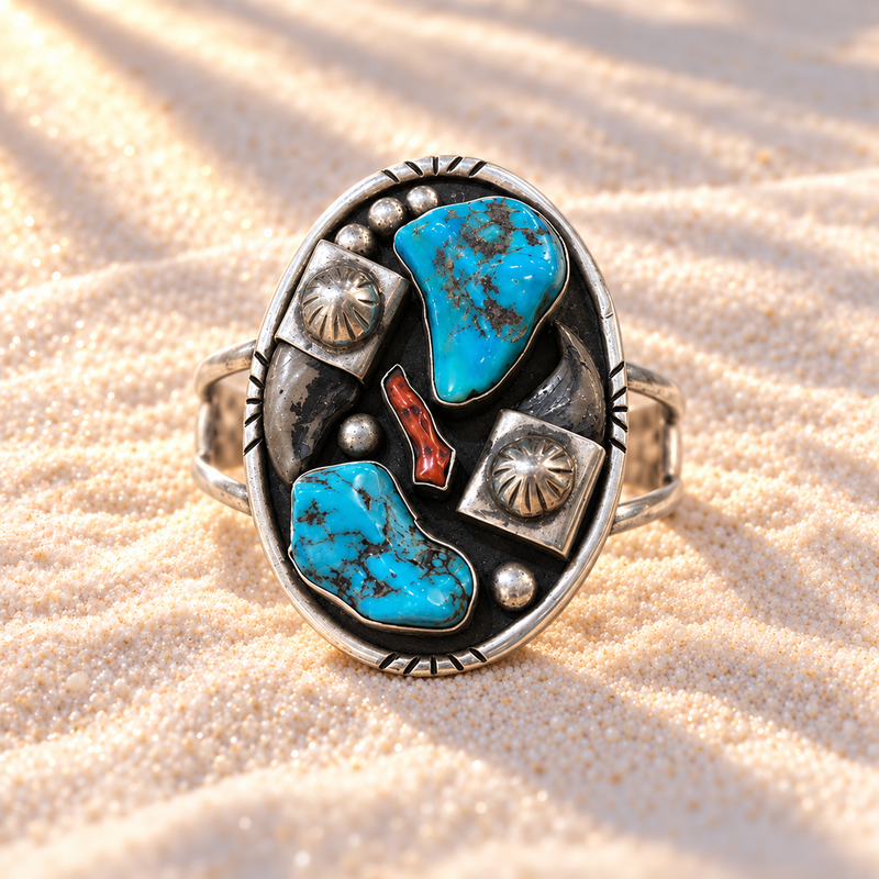 Sterling Silver American Indian Turquoise + Coral Cuff
