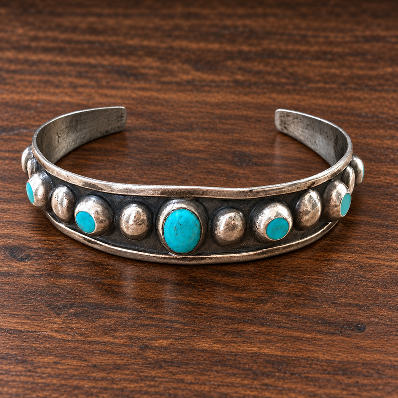 Vintage Mexican Sterling Silver Turquoise Cuff Bracelet
