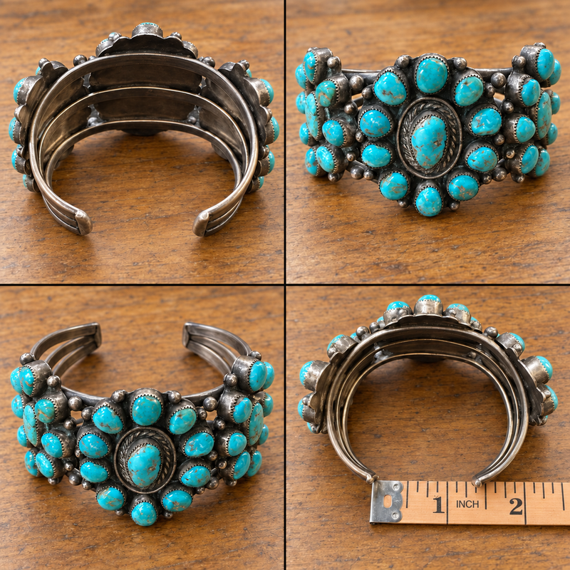 1940's sterling silver Navajo turquoise cluster cuff 5 inch with 1 1/4 inch opening
