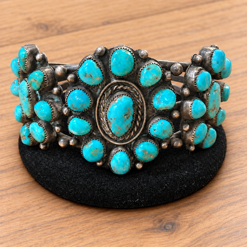 1940's sterling silver Navajo turquoise cluster cuff 5 inch with 1 1/4 inch opening