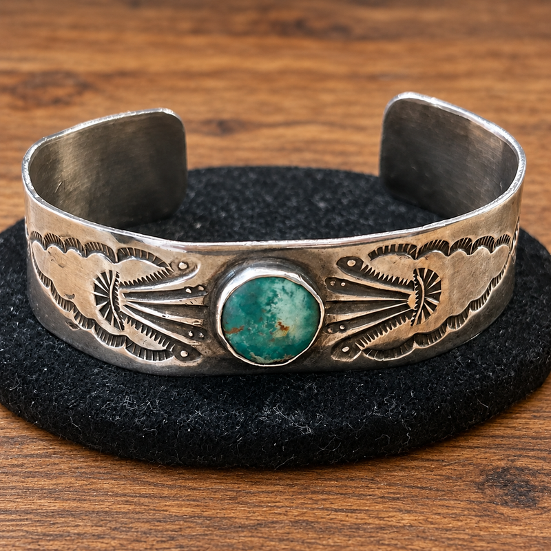 Sterling Silver Navajo and Turquoise cuff 5 1/4 with 1 inch opening