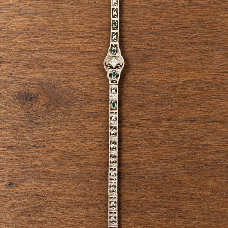 10k White Gold Filigree Emerald Accent Statement Bracelet