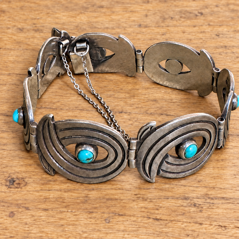 Artisan Sterling Silver Turquoise Paisley Panel Bracelet