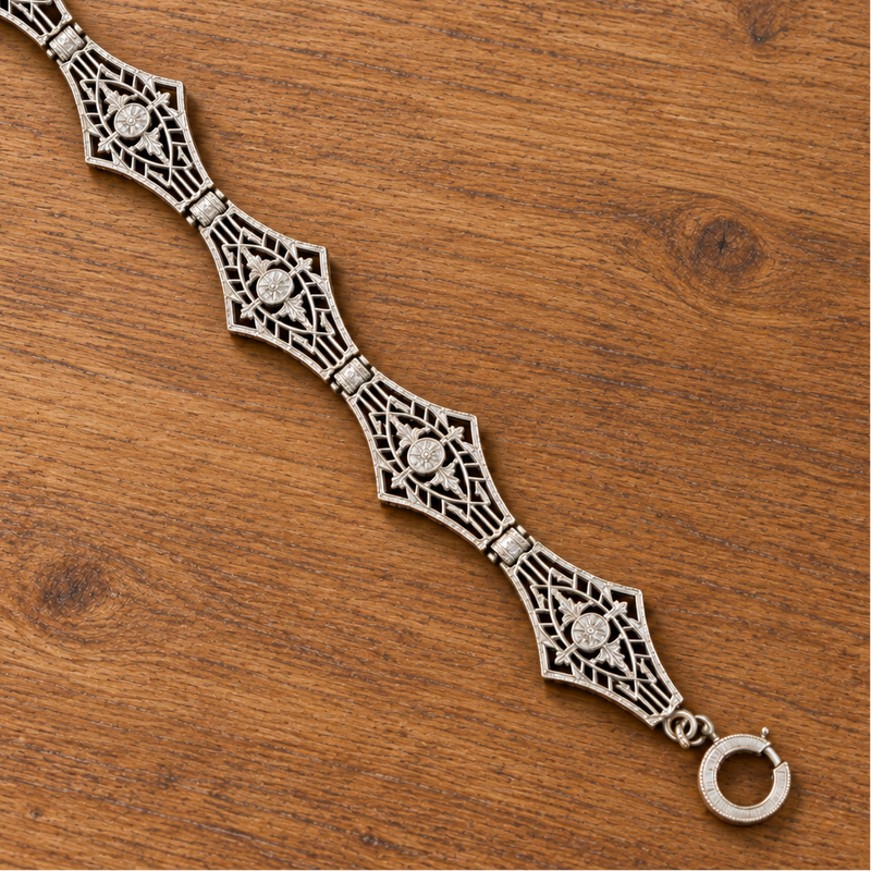 14K White Gold Filigree Diamond Link Bracelet