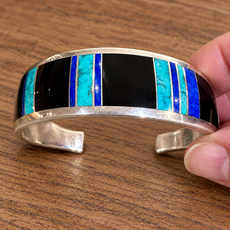 Sterling silver in laid Turquoise, coral and lapis cuff