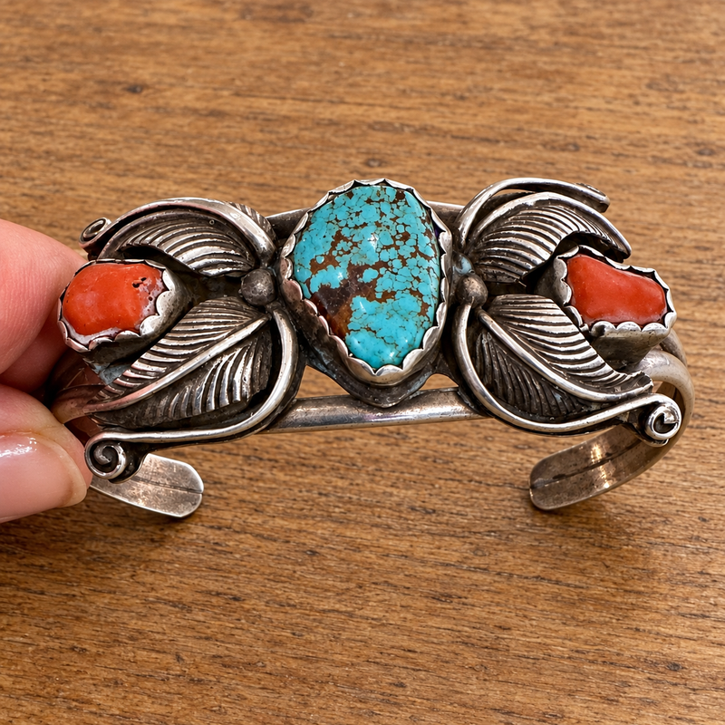 Sterling silver Navajo Turquoise and coral cuff