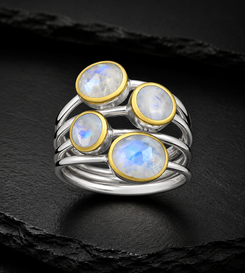 Sterling Silver Rainbow Moonstone Multi-Stone Ring, 18K Yellow Gold Plated