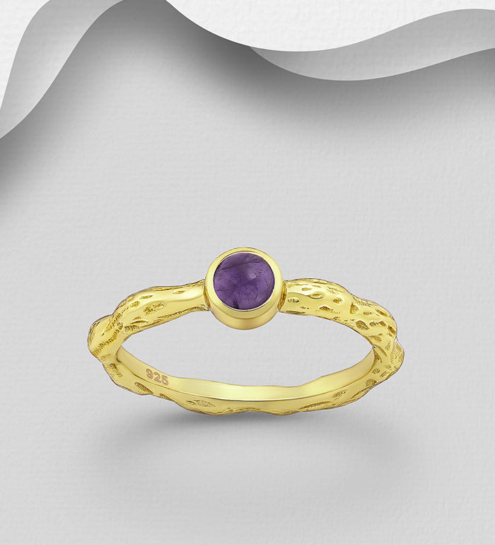 Sterling Silver Ring, Decorated with Amethyst, Plated with 0.3 Micron 18K Yellow Gold
