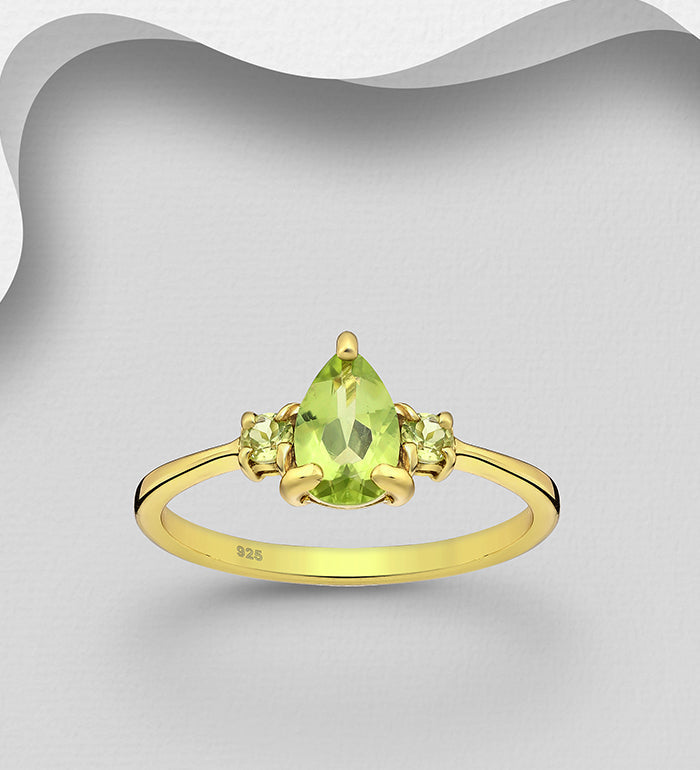 925 Sterling Silver Ring, Decorated with Peridot, Plated with 0.5 Micron 18K Yellow Gold
