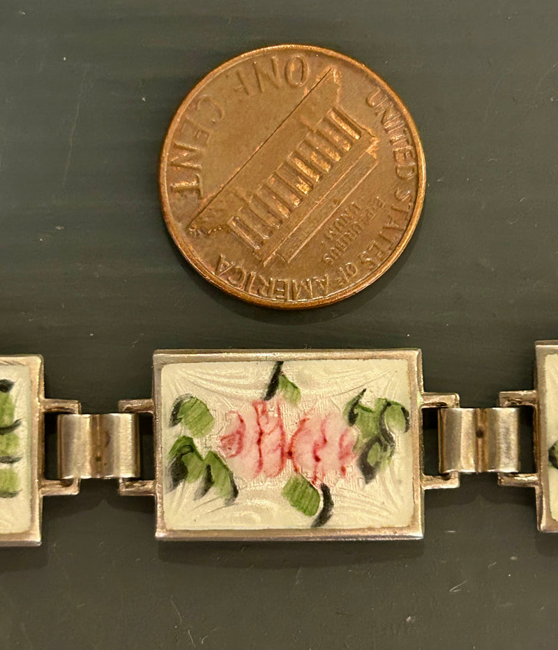 Art Deco Sterling Silver Enamel Floral Link Bracelet 6.5"