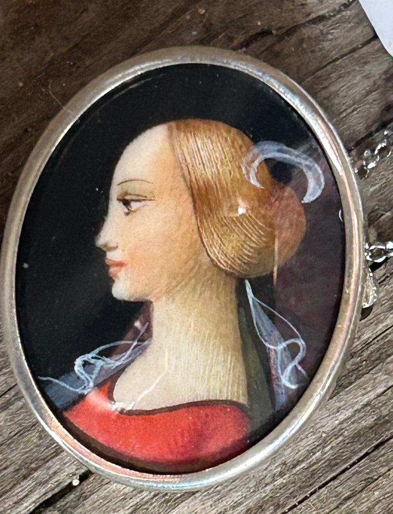 Victorian 800 silver hand painted portrait on an 18” sterling chain. Pendant/pin 1” x 7/8”