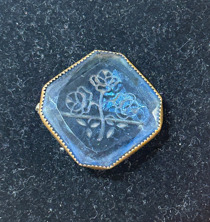 Vintage etched floral design on blue glass pin 1 x 1