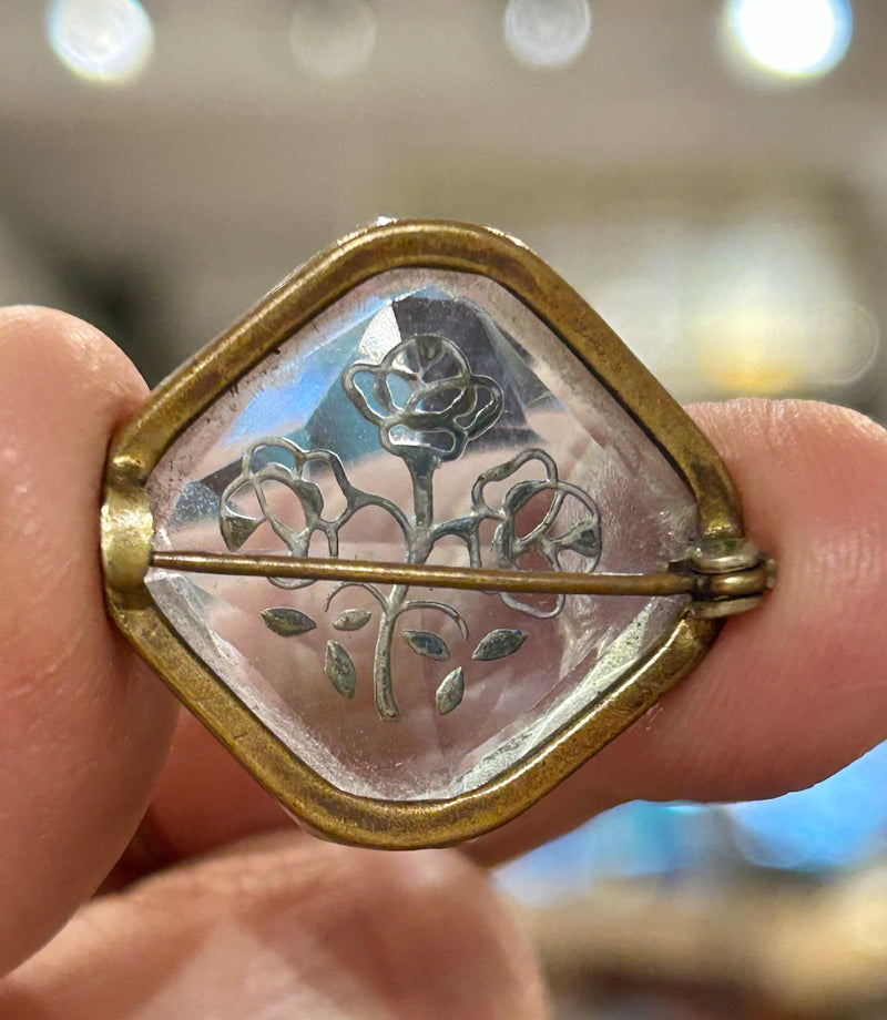 Vintage etched floral design on blue glass pin 1 x 1