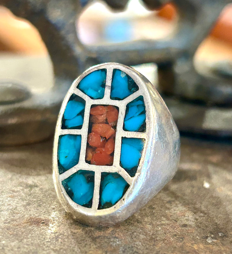 Vintage Sterling Silver Navajo Crushed Coral & Turquoise Size 7